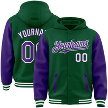 Charger l&#39;image dans la galerie, Custom Kelly Green Purple-White Bomber Full-Snap Varsity Letterman Two Tone Hoodie Jacket
