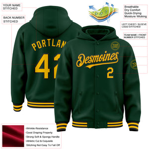 Custom Green Gold-Black Bomber Full-Snap Varsity Letterman Hoodie Jacket