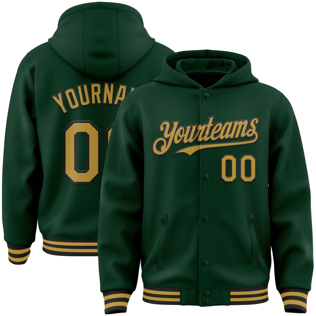 Custom Green Old Gold-Black Bomber Full-Snap Varsity Letterman Hoodie Jacket