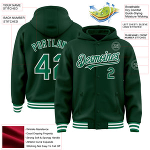 Custom Green Kelly Green-White Bomber Full-Snap Varsity Letterman Hoodie Jacket