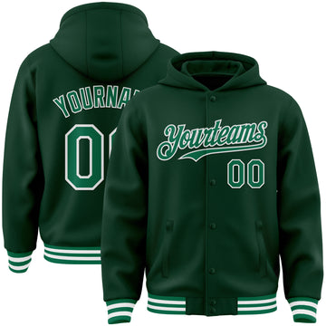 Custom Green Kelly Green-White Bomber Full-Snap Varsity Letterman Hoodie Jacket