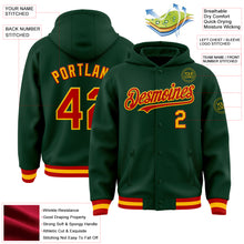 Charger l&#39;image dans la galerie, Custom Green Red-Gold Bomber Full-Snap Varsity Letterman Hoodie Jacket
