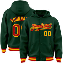 Charger l&#39;image dans la galerie, Custom Green Red-Gold Bomber Full-Snap Varsity Letterman Hoodie Jacket
