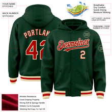 Charger l&#39;image dans la galerie, Custom Green Red-Cream Bomber Full-Snap Varsity Letterman Hoodie Jacket
