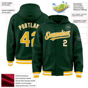 Custom Green Gold-White Bomber Full-Snap Varsity Letterman Hoodie Jacket