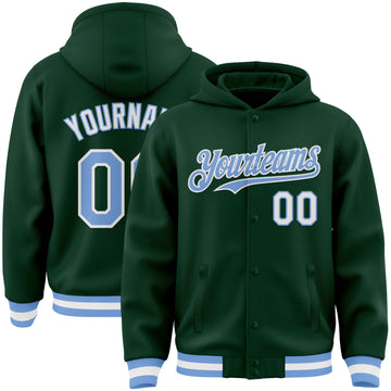 Custom Green Light Blue-White Bomber Full-Snap Varsity Letterman Hoodie Jacket