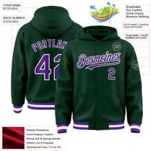 Charger l&#39;image dans la galerie, Custom Green Purple-White Bomber Full-Snap Varsity Letterman Hoodie Jacket
