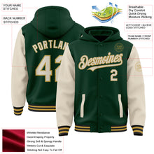 Load image into Gallery viewer, Custom Green Cream Old Gold-Black Bomber Full-Snap Varsity Letterman Two Tone Hoodie Jacket
