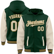 Load image into Gallery viewer, Custom Green Cream Old Gold-Black Bomber Full-Snap Varsity Letterman Two Tone Hoodie Jacket
