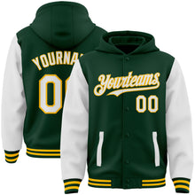 Charger l&#39;image dans la galerie, Custom Green White-Gold Bomber Full-Snap Varsity Letterman Two Tone Hoodie Jacket
