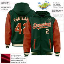 Laden Sie das Bild in den Galerie-Viewer, Custom Green Texas Orange-Cream Bomber Full-Snap Varsity Letterman Two Tone Hoodie Jacket
