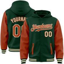 Загрузить изображение в средство просмотра галереи, Custom Green Texas Orange-Cream Bomber Full-Snap Varsity Letterman Two Tone Hoodie Jacket
