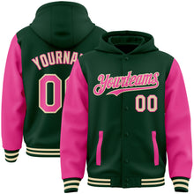 Laden Sie das Bild in den Galerie-Viewer, Custom Green Pink-Cream Bomber Full-Snap Varsity Letterman Two Tone Hoodie Jacket
