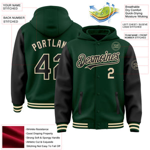 Custom Green Black-Cream Bomber Full-Snap Varsity Letterman Two Tone Hoodie Jacket