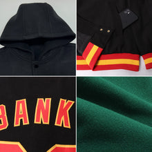 Load image into Gallery viewer, Custom Green Black-Gold Bomber Full-Snap Varsity Letterman Two Tone Hoodie Jacket
