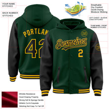 Laden Sie das Bild in den Galerie-Viewer, Custom Green Black-Gold Bomber Full-Snap Varsity Letterman Two Tone Hoodie Jacket
