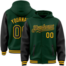 Laden Sie das Bild in den Galerie-Viewer, Custom Green Black-Gold Bomber Full-Snap Varsity Letterman Two Tone Hoodie Jacket
