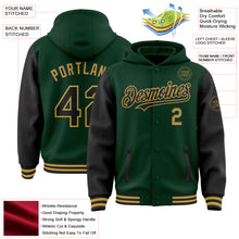 Загрузить изображение в средство просмотра галереи, Custom Green Black-Old Gold Bomber Full-Snap Varsity Letterman Two Tone Hoodie Jacket
