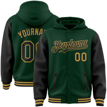 Загрузить изображение в средство просмотра галереи, Custom Green Black-Old Gold Bomber Full-Snap Varsity Letterman Two Tone Hoodie Jacket
