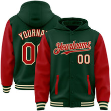 Charger l&#39;image dans la galerie, Custom Green Red-Cream Bomber Full-Snap Varsity Letterman Two Tone Hoodie Jacket
