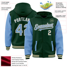 Laden Sie das Bild in den Galerie-Viewer, Custom Green Light Blue-Cream Bomber Full-Snap Varsity Letterman Two Tone Hoodie Jacket
