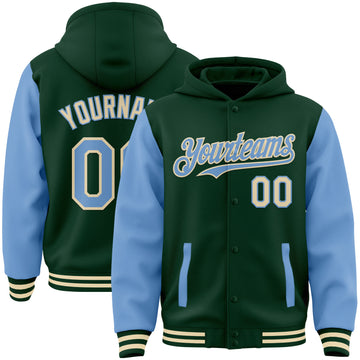 Custom Green Light Blue-Cream Bomber Full-Snap Varsity Letterman Two Tone Hoodie Jacket