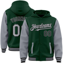 Laden Sie das Bild in den Galerie-Viewer, Custom Green Gray-Black Bomber Full-Snap Varsity Letterman Two Tone Hoodie Jacket
