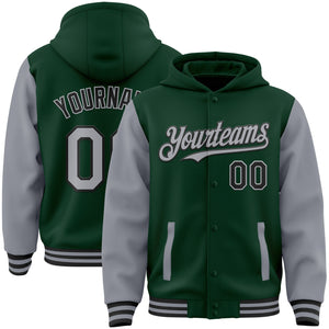 Custom Green Gray-Black Bomber Full-Snap Varsity Letterman Two Tone Hoodie Jacket