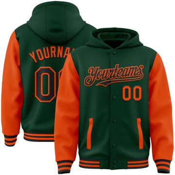 Custom Green Orange-Cream Bomber Full-Snap Varsity Letterman Two Tone Hoodie Jacket