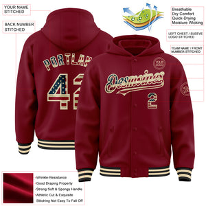 Custom Crimson Vintage USA Flag Cream-Black Bomber Full-Snap Varsity Letterman Hoodie Jacket