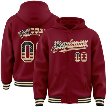 Custom Crimson Vintage USA Flag Cream-Black Bomber Full-Snap Varsity Letterman Hoodie Jacket