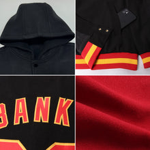 Charger l&#39;image dans la galerie, Custom Crimson Black-Gold Bomber Full-Snap Varsity Letterman Hoodie Jacket
