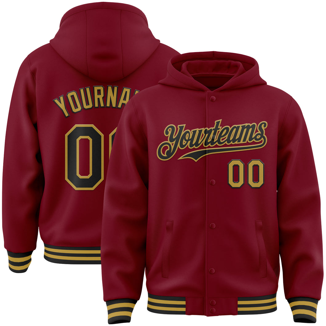 Custom Crimson Black-Old Gold Bomber Full-Snap Varsity Letterman Hoodie Jacket