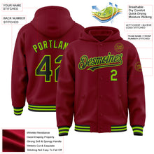 Laden Sie das Bild in den Galerie-Viewer, Custom Crimson Black-Neon Green Bomber Full-Snap Varsity Letterman Hoodie Jacket
