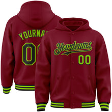 Загрузить изображение в средство просмотра галереи, Custom Crimson Black-Neon Green Bomber Full-Snap Varsity Letterman Hoodie Jacket
