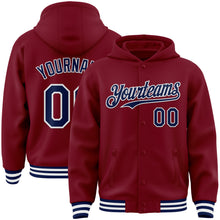 Laden Sie das Bild in den Galerie-Viewer, Custom Crimson Navy-White Bomber Full-Snap Varsity Letterman Hoodie Jacket
