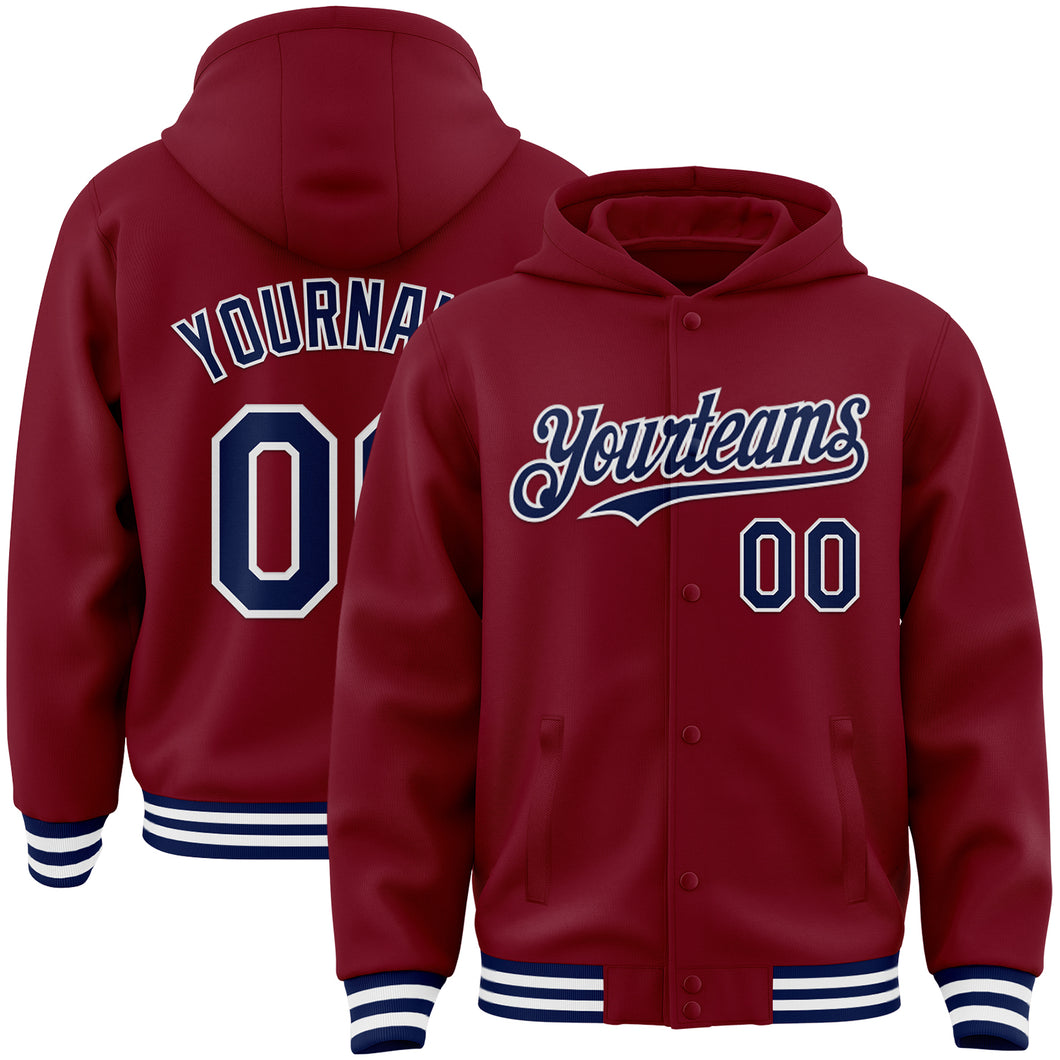 Custom Crimson Navy-White Bomber Full-Snap Varsity Letterman Hoodie Jacket