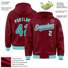 Laden Sie das Bild in den Galerie-Viewer, Custom Crimson Aqua-White Bomber Full-Snap Varsity Letterman Hoodie Jacket
