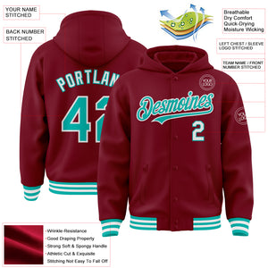 Custom Crimson Aqua-White Bomber Full-Snap Varsity Letterman Hoodie Jacket