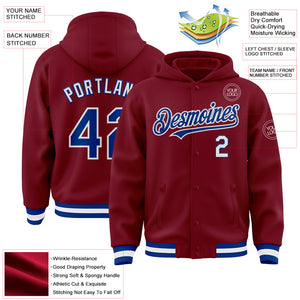 Custom Crimson Royal-White Bomber Full-Snap Varsity Letterman Hoodie Jacket