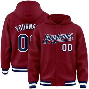 Custom Crimson Navy-White Bomber Full-Snap Varsity Letterman Hoodie Jacket