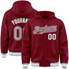 Загрузить изображение в средство просмотра галереи, Custom Crimson Gray-White Bomber Full-Snap Varsity Letterman Hoodie Jacket
