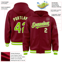 Charger l&#39;image dans la galerie, Custom Crimson Neon Green-White Bomber Full-Snap Varsity Letterman Hoodie Jacket
