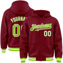 Charger l&#39;image dans la galerie, Custom Crimson Neon Green-White Bomber Full-Snap Varsity Letterman Hoodie Jacket
