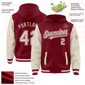 Custom Crimson Cream Bomber Full-Snap Varsity Letterman Two Tone Hoodie Jacket