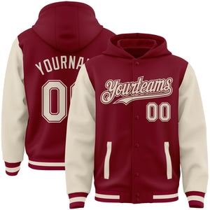 Custom Crimson Cream Bomber Full-Snap Varsity Letterman Two Tone Hoodie Jacket