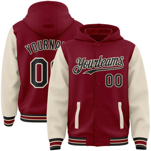 Custom Crimson Black-Cream Bomber Full-Snap Varsity Letterman Two Tone Hoodie Jacket