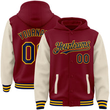 Charger l&#39;image dans la galerie, Custom Crimson Navy Cream-Gold Bomber Full-Snap Varsity Letterman Two Tone Hoodie Jacket
