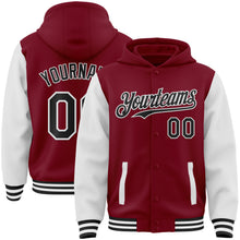 Загрузить изображение в средство просмотра галереи, Custom Crimson Black-White Bomber Full-Snap Varsity Letterman Two Tone Hoodie Jacket
