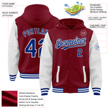 Load image into Gallery viewer, Custom Crimson Royal-White Bomber Full-Snap Varsity Letterman Two Tone Hoodie Jacket
